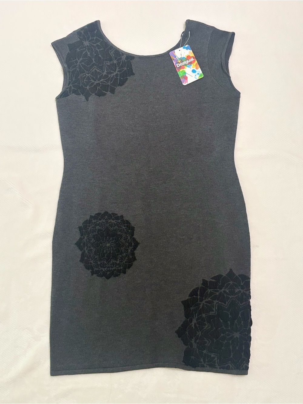 Desigual Gray Sleeveless Shift Dress with Black Floral Motifs